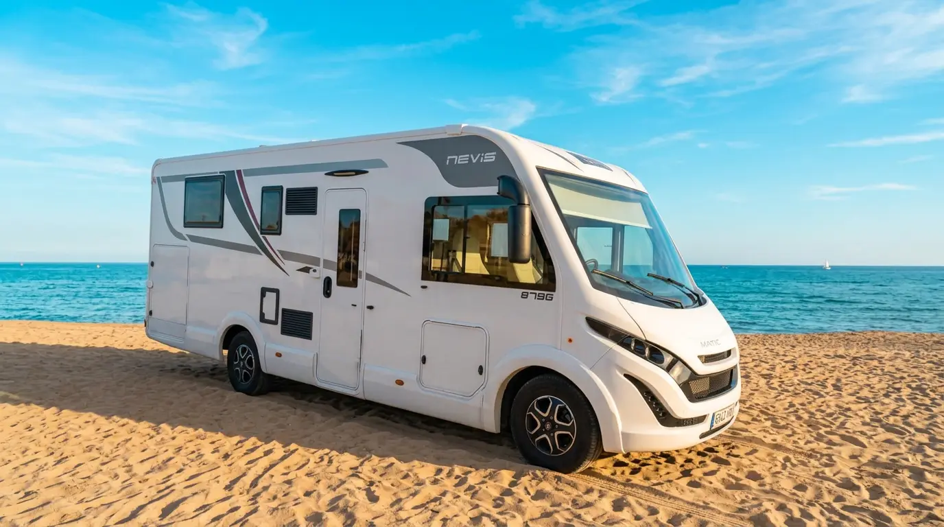 McLouis Nevis 879G motorhome on a sunny Mediterranean beach with blue sky