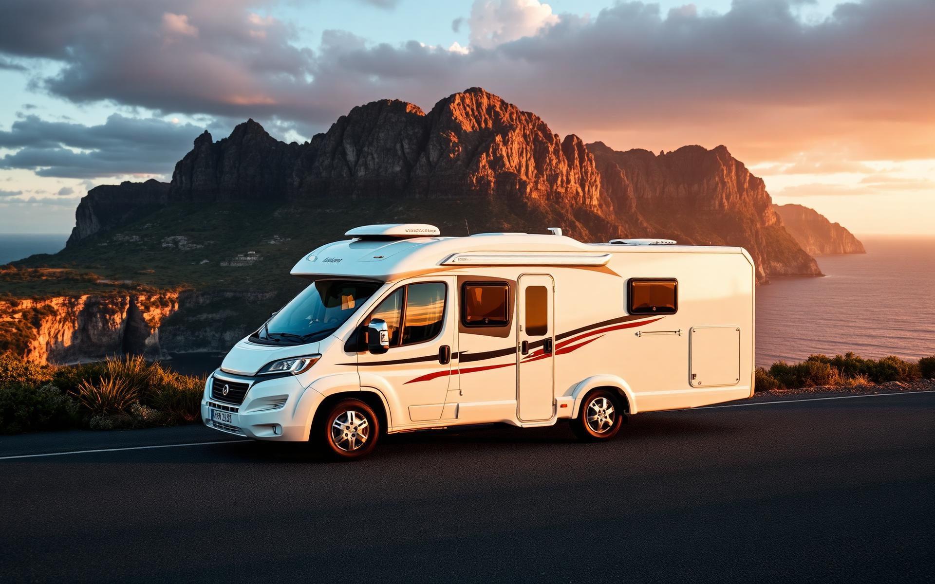 Luxury motorhome parked on a Spanish coastal road at sunset