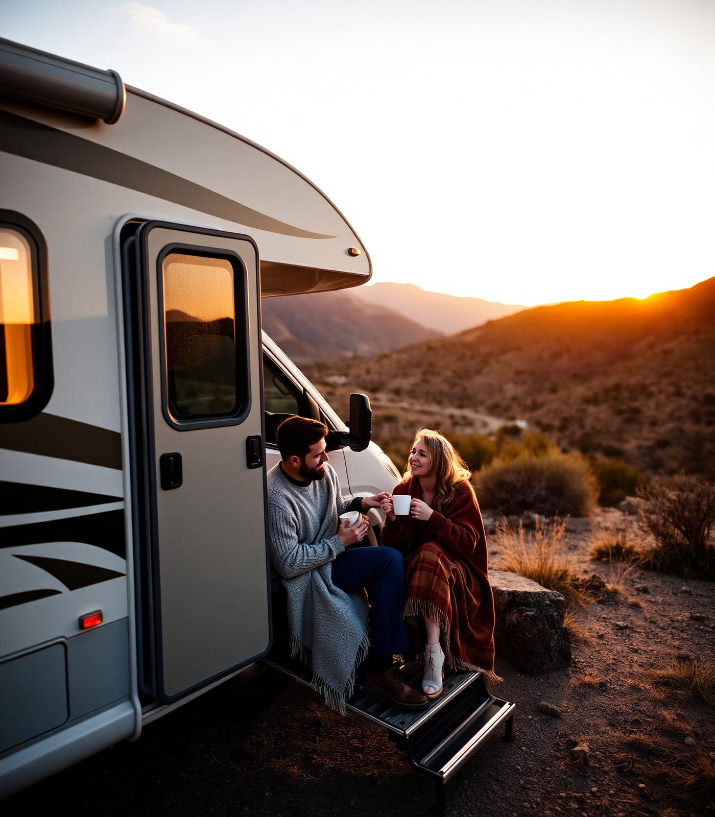 Couple at sunset by the motorhome